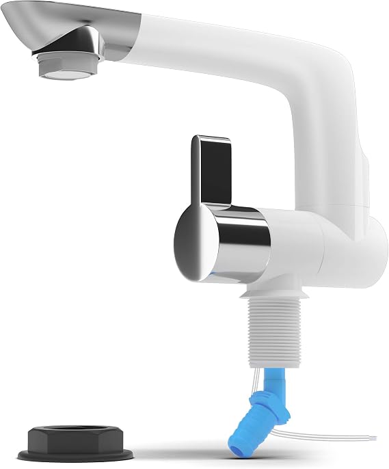 12V Electric Water Faucet Tap with Switch | Ideal for Kitchen Sink and as Pump Connection in RV, Camper, Trailer, Campervan or Boat (Up to 1.5 BAR) | Rotatable spout (White)
