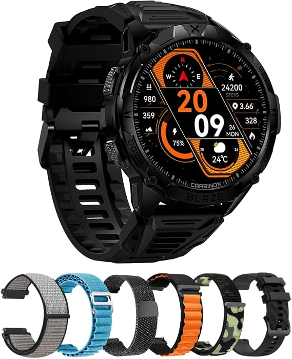 CARBINOX Blaze Smart Watch with 6 Pack Bands 22 mm GPS, Rugged Fitness Tracker Waterproof IP69K, Compatible with Android and iOS, 170+ Sports Modes, Make/Receive Calls (Round)