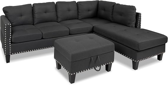 Poundex 3pc Sectional Sofa Set Linen-Like Fabric Charcoal