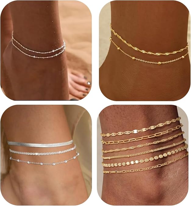 Gold Silver Ankle Bracelets for Women Waterproof Lightweight Link Chain Stackable Anklets Set Dainty Summer Beach Adjustable Jewelry Gift