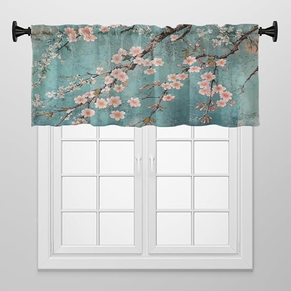 Window Treatment Tiers Solid Short Curtain for Small Window Bedroom 52 x 18 Inches, Pink Cherry Blossoms in Full Bloom Window Treatments Valance for Living Room, 1 Panel