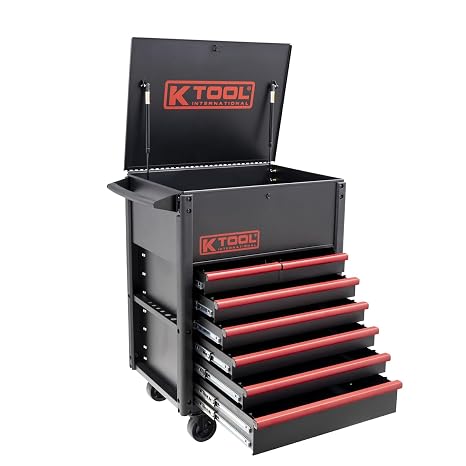 K Tool International KTI75122 35" Service Cart Tool Box for Garages, Repair Shops, and DIY, (7) Drawers, Locking Lid, (4) 5" Swivel Casters (2) with Brake, Protective Bumpers, Matte Finish, Black
