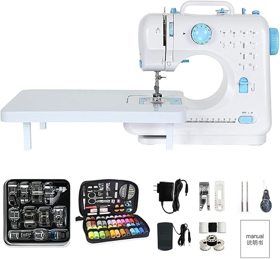 Mini Sewing Machine for Beginners with 11 Replaceable Presser Feets, Portable Sewing Machine Built-in 12 Stitches, Extension Table, Reverse Sewing, 2 Speed Foot Pedal, 97pcs Sewing Kit (Blue)