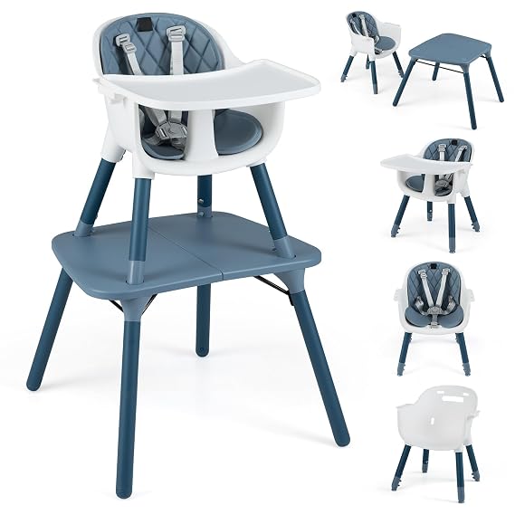 HONEY JOY 6-in-1 High Chair, Convertible Highchair for Babies and Toddlers/Kids Chair Table Set/Infant Feeding Chair w/Safety Harness, PU Leather Cushion & Removable Food Tray (Blue)