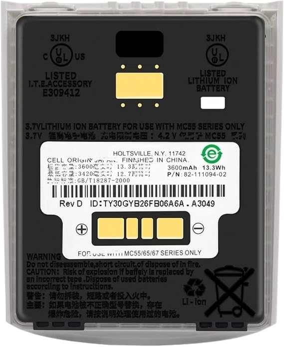 1Pcs Barcode Scanning Collector Battery 3600mAh/13.3Wh, 82-111094-02 BTRY-MC55EAB02-H .Compatible for Zebra MC55 MC55A0 MC55E0 MC65 MC67 MC659B MC5590 MC55A MC56 MC5574 MC55X MC67NA