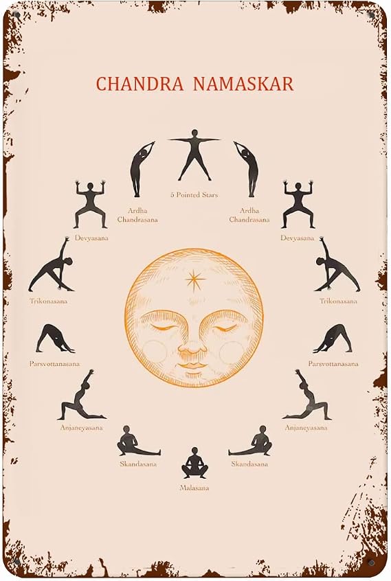Dectinsign Metal Tin Sign Moon Salutation, Yoga Art Print, Chandra Namaskar, Boho Decor, White, 6x8Inch