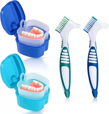 2 Pack Denture Bath Case Cup Box Holder Storage Container with Denture Cleaner Brush Strainer Basket for Travel Cleaning Light Blue and Blue
