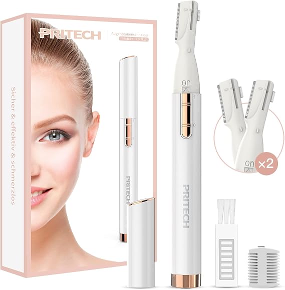 PRITECH Electric Eyebrow Trimmer - Facial Hair Remover Precision Razor | Painless Shaver with Comb & 2 Replaceable Blades - Battery Powered, Portable for Eyebrows Face Chin Neck Upper Lip Peach Fuzz