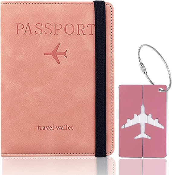Toctax Passport Holder Passport Case with RFID Blocker Protective Case for Credit Cards Passport Gift Passport Holder Cover Card Holder ID and Travel Documents with Suitcase Tag (Pink)