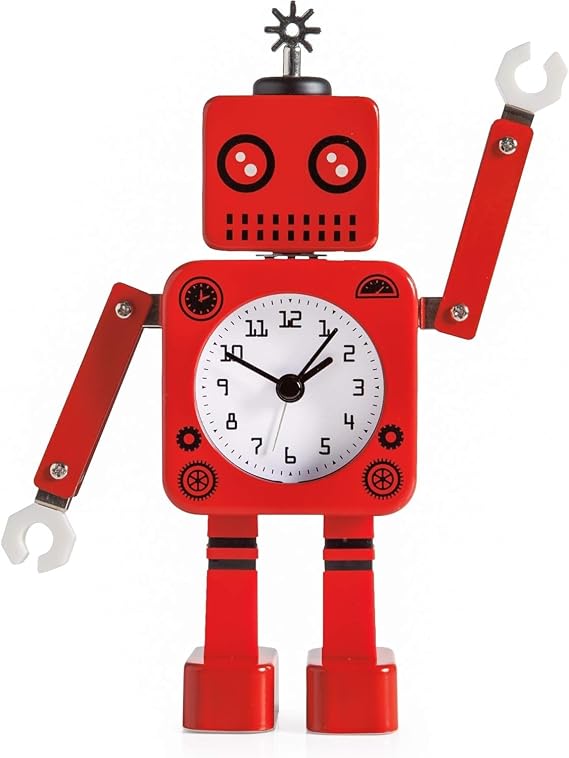 Torre & Tagus 8" Retro Robot Alarm Clock Red Steel Metal Table Clock with Poseable Arms, Glass Lens, and Glossy Finish, Vintage-Inspired Decor and Novelty Timepiece for Home or Office