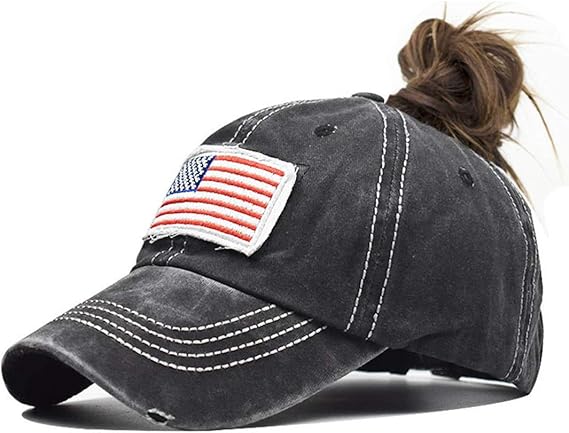 Distressed Ponytail Hat for Women American-Flag Pony Tail Caps High Bun
