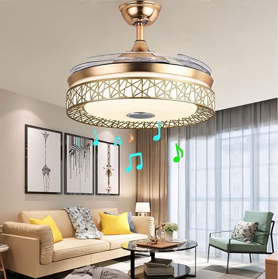 42" Bluetooth Chandelier Smart Music Player Fandelier with Lights and Remote,Modern Ceiling Fan with Retractable Blades,Gold