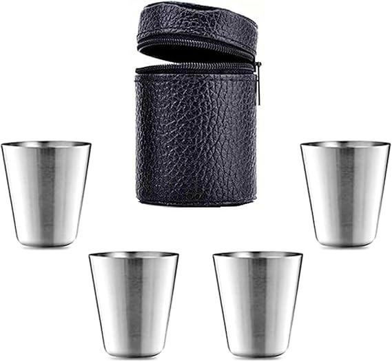 5Pcs Mini Portable Stainless Steel Drinking Cup Set Camping Metal Shot Glass Set Shot Drinking Outdoor Travel Shot Cups with Black Leather Case for Outdoor Drinking