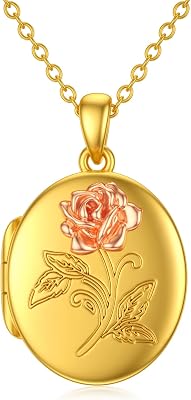 SOULMEET 10K 14K 18K Solid GoldPlated Gold Oval Locket That Holds Multi Pictures Personalized Oval SunflowerStarburstRose Locket Necklace Gift
