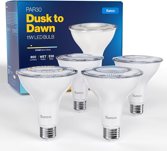 Sunco 4 Pack PAR30 LED Bulbs, Dusk to Dawn Flood Light, 11W, Non-Dimmable