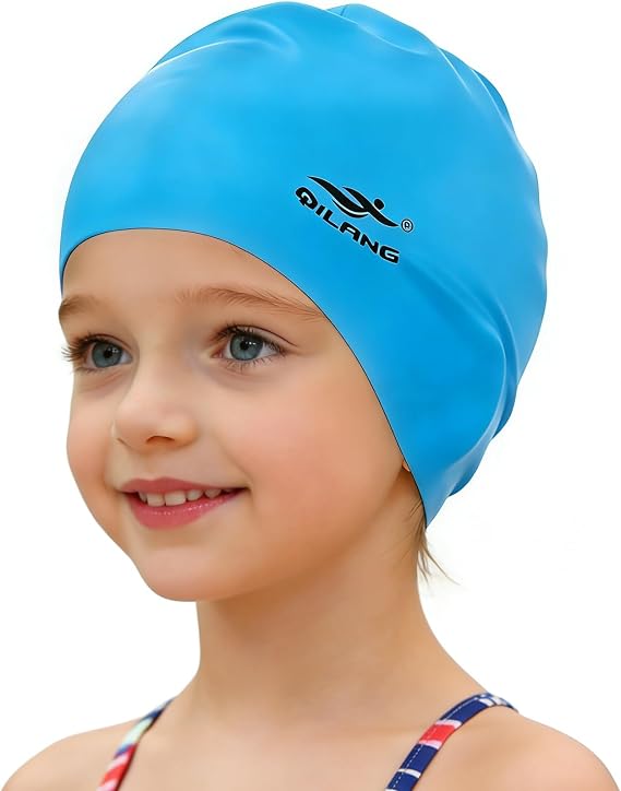 Kids Swim Cap - 100% Silicone Waterproof Swimming Hat for Girls Boys Teen, Keeps Hair Dry, Soft for Long & Short Hair