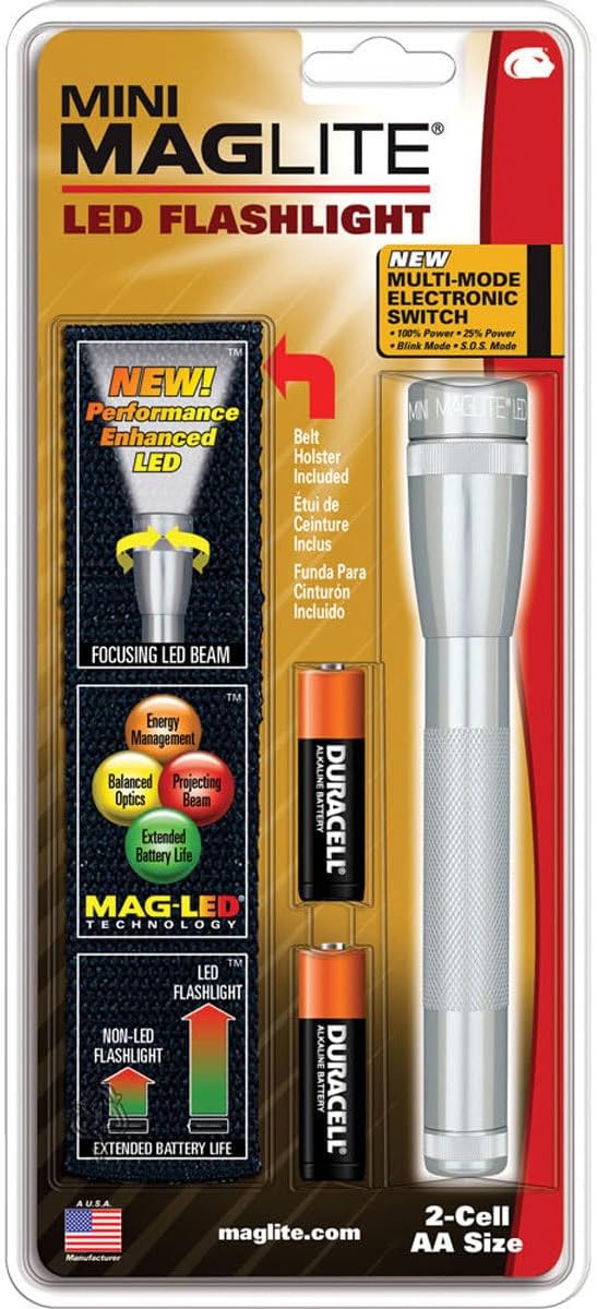 Maglite Mini LED 2-Cell AA Flashlight with Holster, Silver