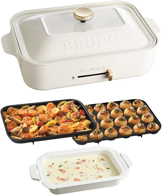 Bruno BOE021-WH Compact Hot Plate, Main Body, 3 Plate Types Takoyaki, Ceramic Coated Pot, Flat, White, Stylish, Cute, 1 Unit, Includes Lid, 1,200 W, Temperature Adjustable, Easy to Clean, For 1 to 3