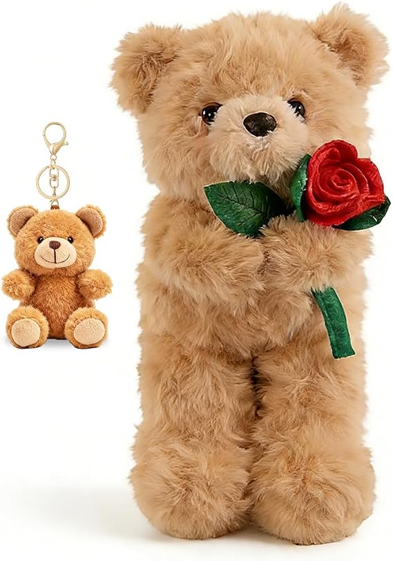 Brown Bear Cuddly 30cm Stuffed Animal Bear Plush Doll with Rose Flower & Keychain for Girlfriend Valentine's Day, 12 inch Romantic Anniversaries Valentine Gift for Her, Home Office Decoration