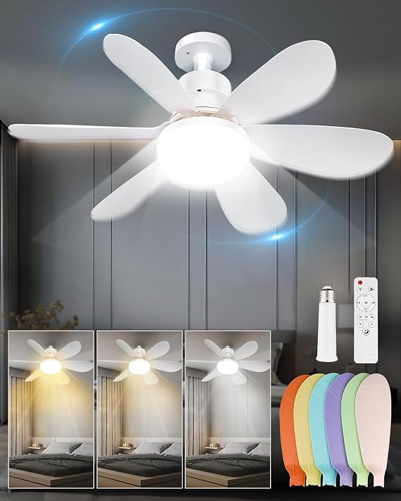 FANSEXPERT Socket Ceiling Fans with Lights and Remote, Dimmable LED Socket Fan Light, 3 Colors 3000K-6500K, 1700 Lumen, E26/27 Light Bulb Screw in