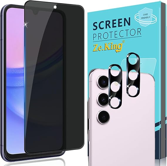 Zeking [2+2 Pack for Samsung Galaxy A15 5G Privacy Tempered Glass Screen Protector and Camera Lens Protector, Full Coverage Anti-Spy[Anti-Scratch] 9H Hardness[Bubble Free]