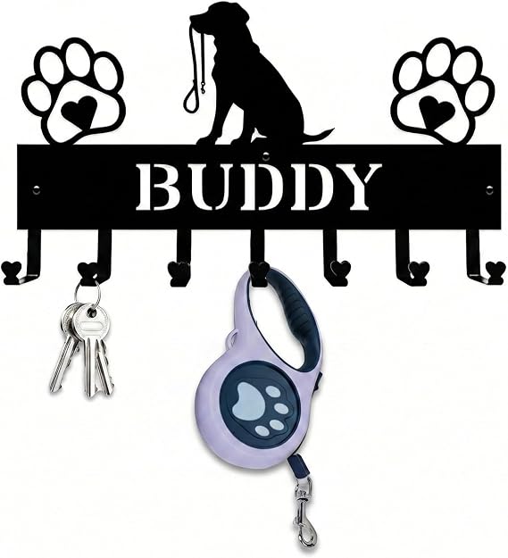 ubmpj Personalized Dog Leash Holder for Wall - Custom Name & Breed Silhouette Metal Key Rack for Leashes, Collars, Harness - Pet Lover, New Puppy & Dog Memorial Gifts