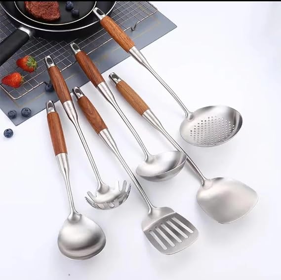 Stainless Steel Kitchen Utensil 6-Set with Wood Handles, Professional Cooking Tools, Includes Spatula, Ladle, Spaghetti Spoon, Skimmer, Slotted Spatula Tuner, and Large Spoon