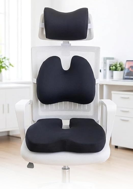 Ergonomik Ofis Sandalye Minderi Seti, Bel Boyun ve Oturma Desteği 3'lü Set, Siyah
