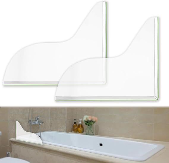Splash Guard for Bathtub, Clear Bathtub Splash Guard Self-Adhesive Shower Tub Corner Splash Guard to Keep Water in Shower or Bath Can Be Used in Washbasin Tubs Sinks - Pack of 2