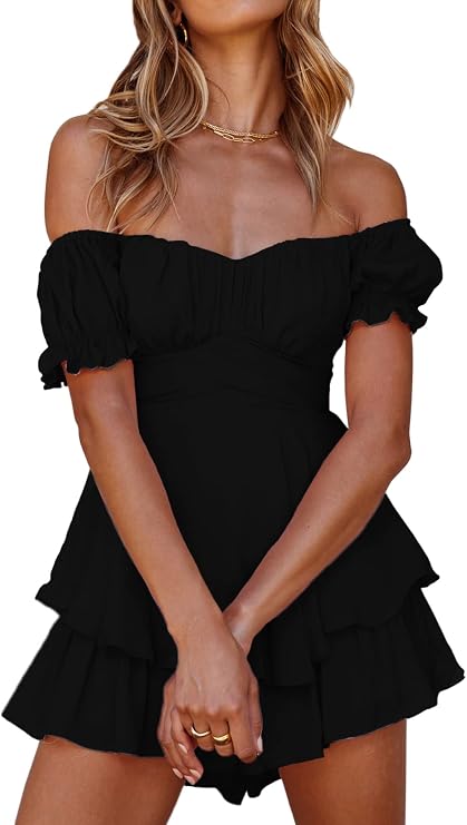 Women Summer Boho off Shoulder Rompers Chiffon Lantern Short Sleeve Ruffle layer Back Tie Mini Shorts Jumpsuit