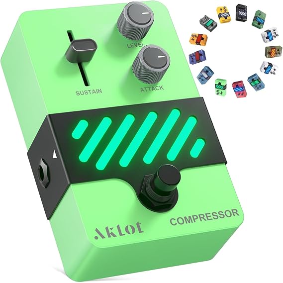AKLOT Compressor Electric Guitar Pedal: Smooth Studio-Level Compression for Clean Sustain, Dynamic Touch-Responsive Control, Level & Sustain Knobs, Mini Guitar Effect Pedal True Bypass, NEON PulseLock