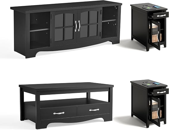 LINSY HOME Living Room Table Sets 4 Piece with TV Stand, Farmhouse TV Stand for 65 Inch TV, Coffee Table with Drawers, Two End Table with Charging Station, Black