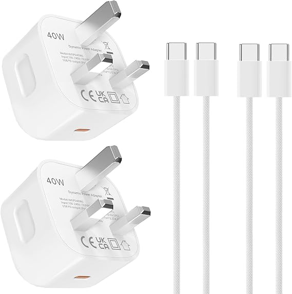 New 40W Dynamic Power Adapter with 60W Max,USB C Fast Charging Plug with 2M/6.6ft braided design C to C Charge Cable for iphone Air/17/17 pro/17 Pro Max/ipad Pro 13/ipad Air,(2 Pack-White)