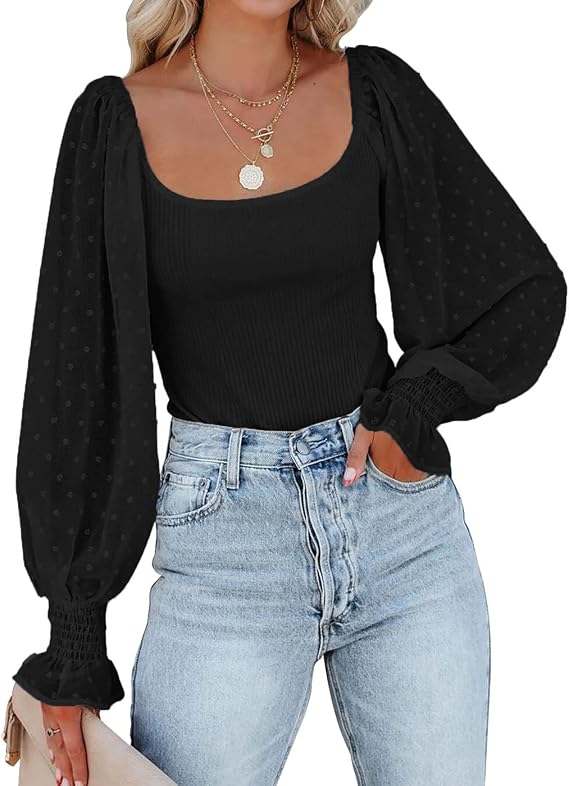 Women Square Neck Puff Long Sleeve Bodysuit Jumpsuit Off Shoulder Leotard Sheer Polka Dot Sleeve Shirts Tops