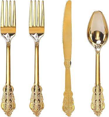 WDF 200 Pieces Gold Plastic Silverware Disposable - 50 Guests Heavy Duty Thanksgiving Gold Plastic Cutlery - Disposable Utensils Includes 100 Forks, 50 Spoons, 50 Knives Perfect for PartyWeeding