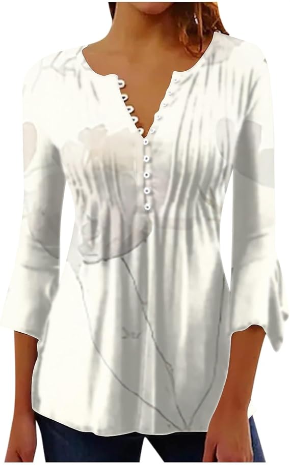 Nantdog 3/4 Sleeve Tops for Women Fall Fashion Blouse 2024 Trendy Floral Print Shirt Button Down V Neck Wester