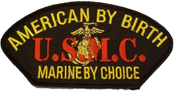 American by Birth Marine by Choice U S M C with Eagle Globe and Anchor Patch - Yellow Red and Gold on Black Background - Veteran Owned Business