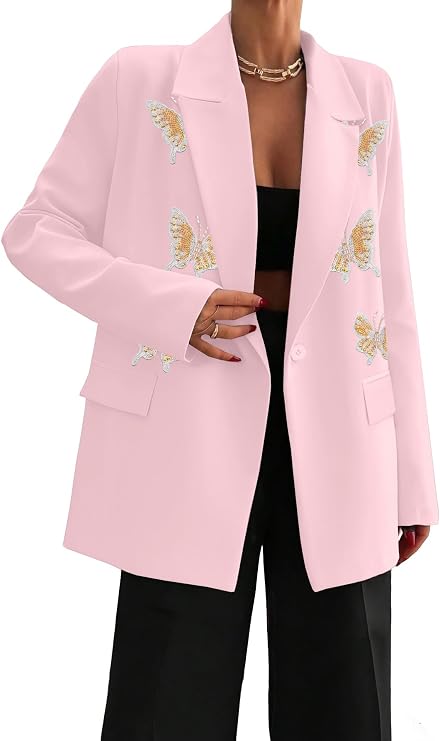 Blazers for Women Business Casual Notched Collar Butterfly Appliques Office Jacket