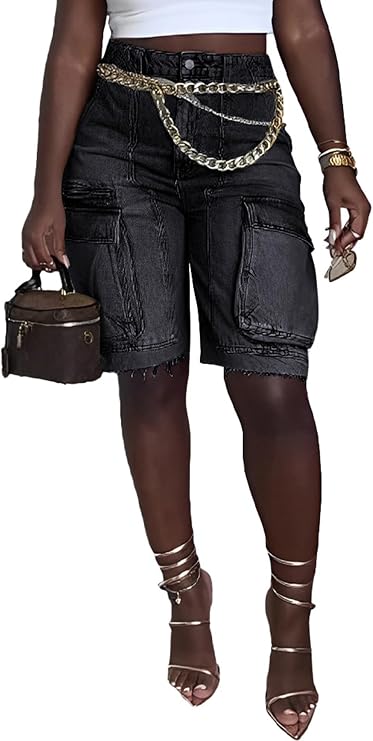 Ecirod Cargo Bermuda High Waisted Denim Shorts Women Distressed Raw Hem Long Jean Shorts with Pockets