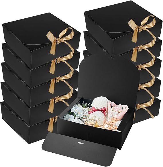 Black Gift Boxes with Lids 10 Pack - 16.5x16.5x5cm Gift Box for Presents with Gold Ribbons, Elegant Rigid Cardboard Bridesmaid Proposal Boxes for Wedding Birthday Graduation Party Favor Packaging