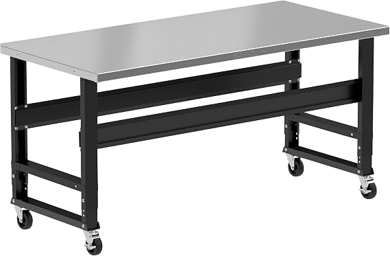 72" W x 34" D Heavy-Duty Mobile Workbench, Stainless Steel Top, 1000 LB Capacity, Casters, Adjustable Height 34-40"