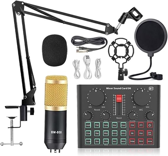 Sound Card Kit BM800 Microphone Professional Condenser Bluetooth Wireless MIC Sound Card with Ring Fill Light Cantilever Bracket Live Streaming Studio Setup for Recording Music
