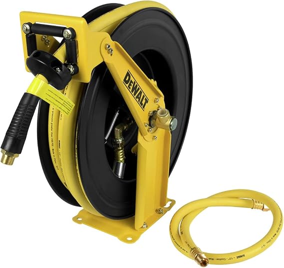 DEWALT DXCM024-0344 Double Arm Hose Reel with 1/2" x 50' Premium Rubber Hose | Premium Rubber is Oil & Kink Resistant; Up to 250 PSI; Ratchet Gearing Lock; Self-Leveling During Windup; 1/2" NPT Fittings