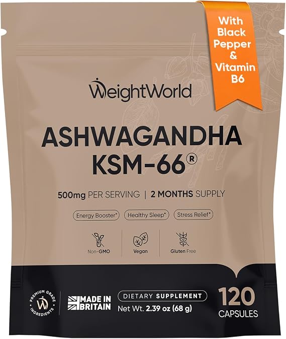 WeightWorld Ashwagandha KSM 66 Capsules | Black Pepper Extract & Vitamin B6