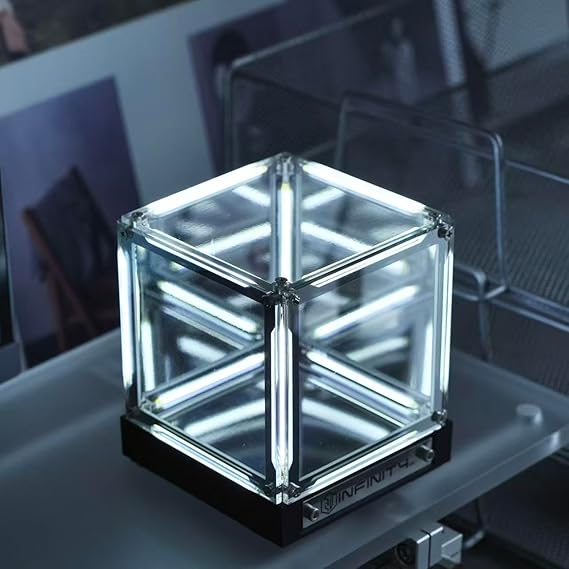 Infinity Cube Light, Infinity Mirror Cube 4D Acrylic LED Abyss Effect Touch Switch Dimmable Rechargeable Mood Night Light for Gaming Desk Office Bedroom Futuristic Decor (White)