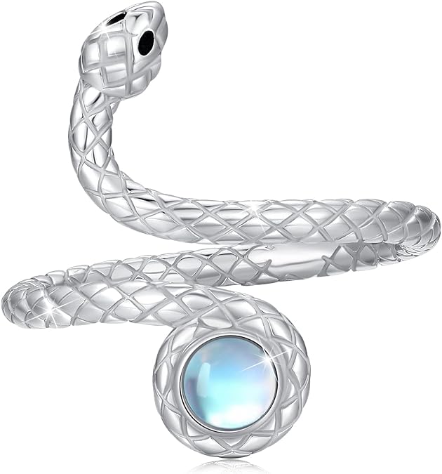 Snake Rings 925 Sterling Silver Opening Wrap Adjustable Size Rainbow Moonstone Ring Spoon Serpent Ring for Snake Lover Goth Cool Dainty Jewelry for Women