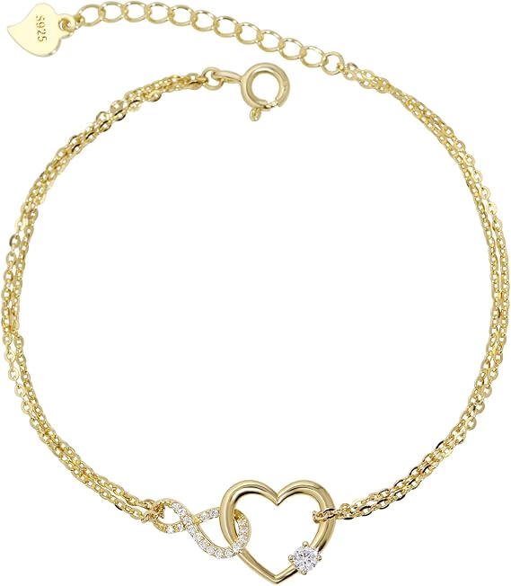 Meissa Bracelet for Women Heart Shape 925 Sterling Silver Heart Double Layer Bracelet Rose Gold Plated Adjustable Birthday Christmas Gifts for Women Mom Wife Girl