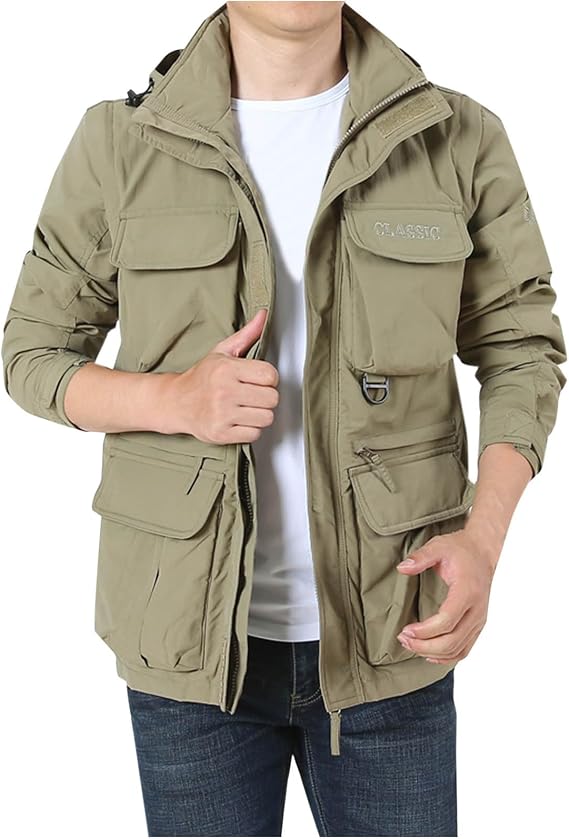 Uillui Mens Safari Jacket Hooded Outdoor Military Cargo Jacket Casual Lightweight Windproof Multi Pocket Fishing Hiking Coat