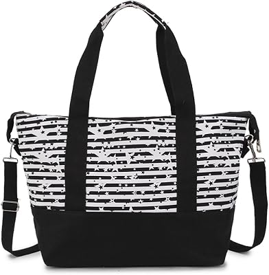 Water Resistant Vintage Large Canvas Shopper Work Bag for Women with Stars Print Striped Pattern