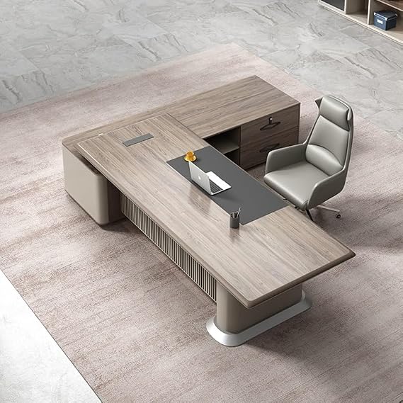 Modern Executive Desk Modern L-Shape Office Executive Desk, 102.3in Luxury Wood Computer Business Desks with Secure Drawer, Boss Table Office Furniture, CPU Cabinet and Cord Management Without Chairs